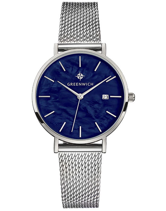 Greenwich Greenwich Shell GW 301.10.56  GW 301.10.56 кварцевые женские часы синий циферблат, браслет нержавеющая сталь — вид спереди